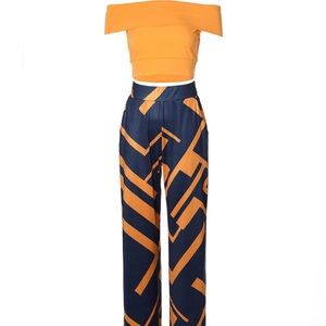 Off Shoulder Crop Top & Geo Print Pants set